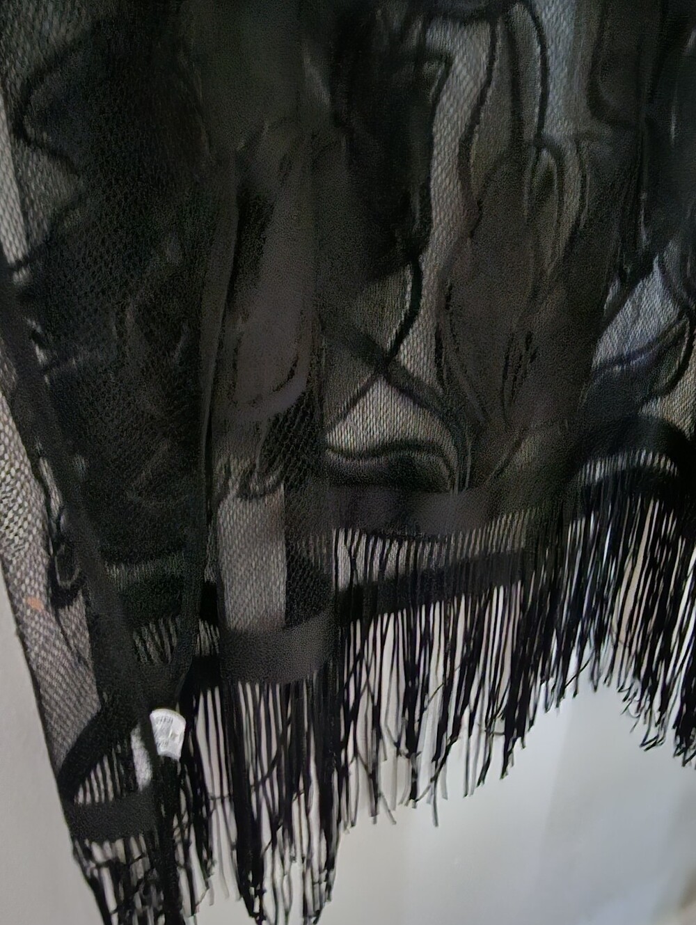 ​VTG Style Black Sheer Mesh Floral Lace Poncho Kimono Fringe Kaftan Top - Picture 4 of 8